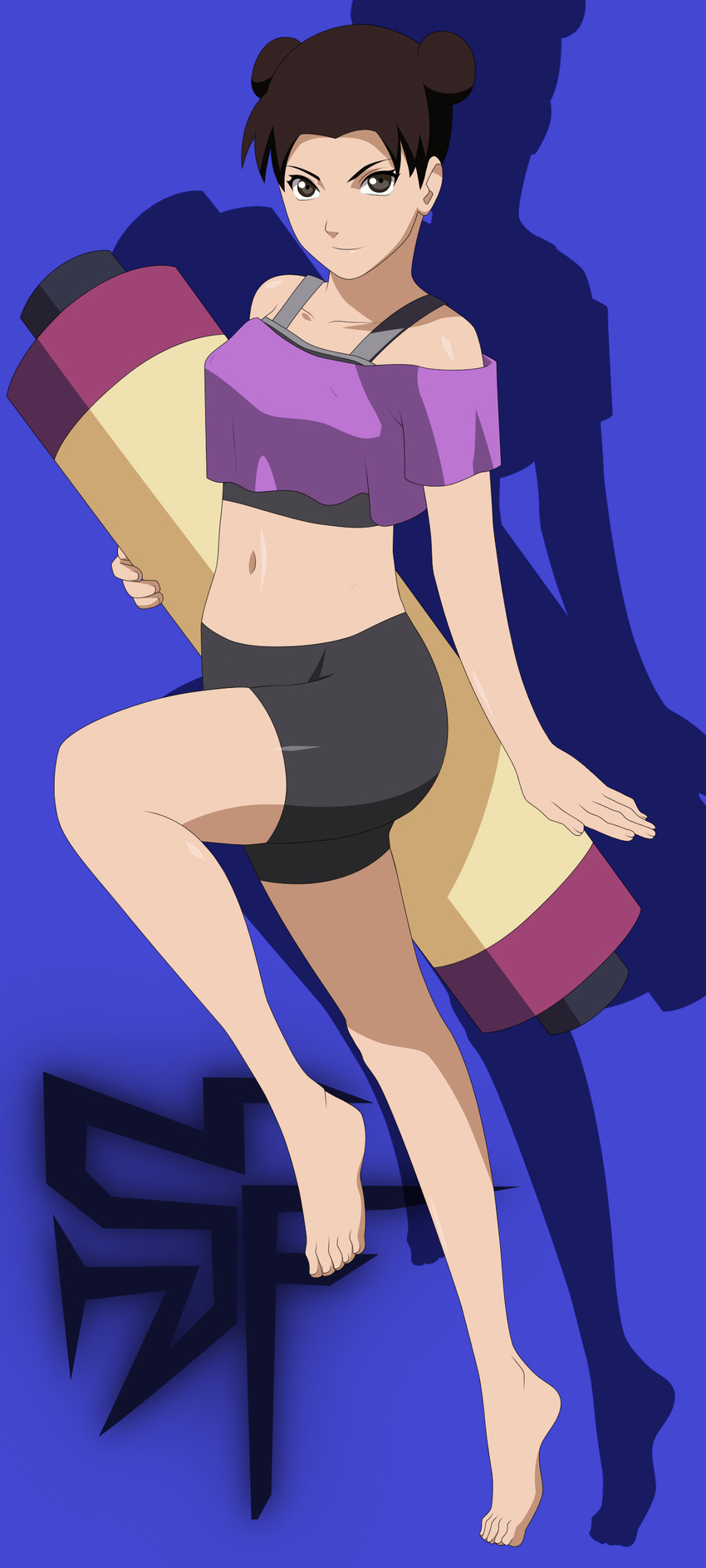 absurdres alternate_costume barefoot bike_shorts brown_eyes brown_hair double_bun edit feet female foot full_body highres long_image looking_at_viewer naruto photoshop smile solo stiky_finkaz tall_image tenten