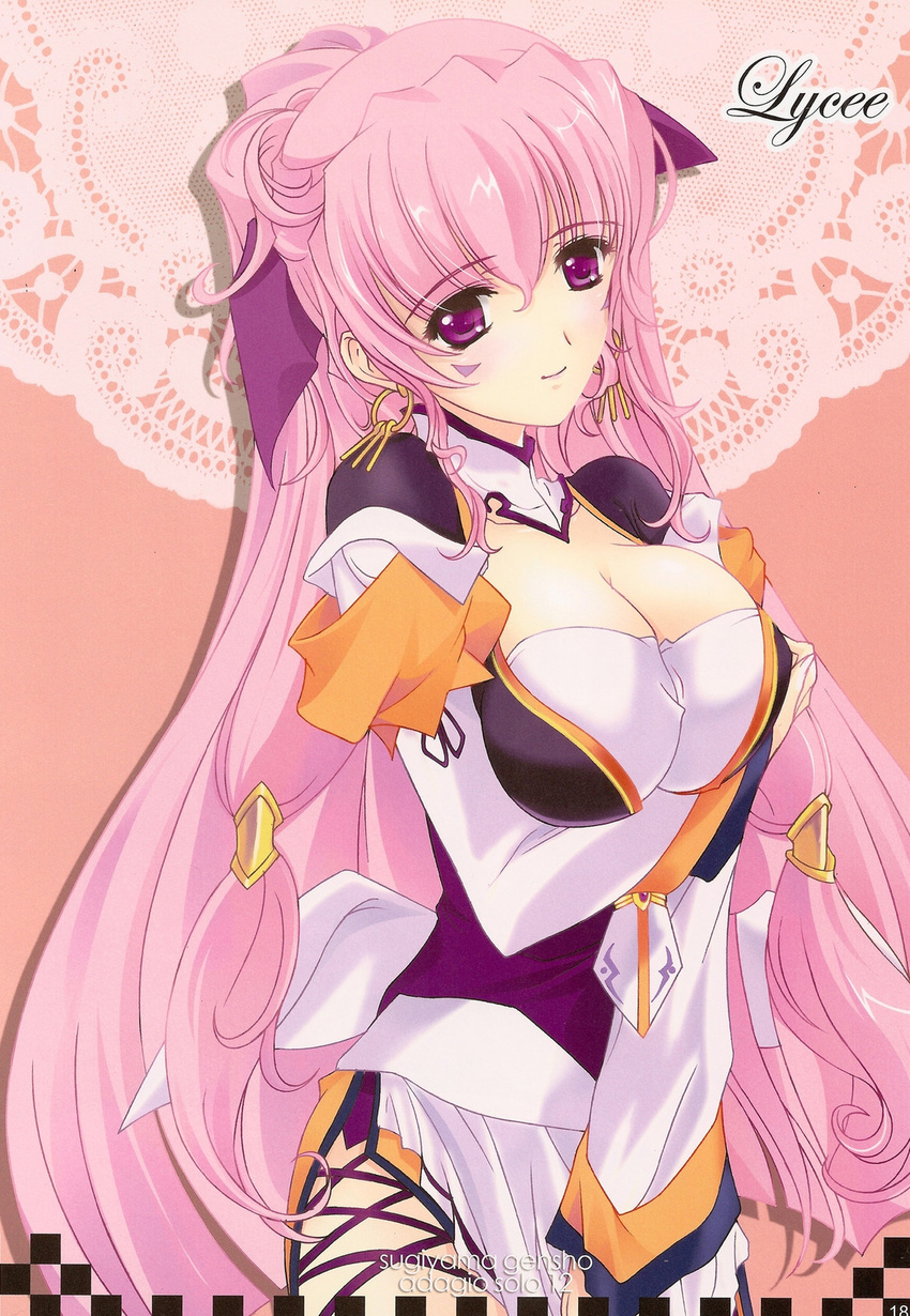 breast_hold breasts cleavage copyright_request earrings facial_mark highres jewelry large_breasts long_hair pink_hair purple_hair smile solo sugiyama_genshou very_long_hair