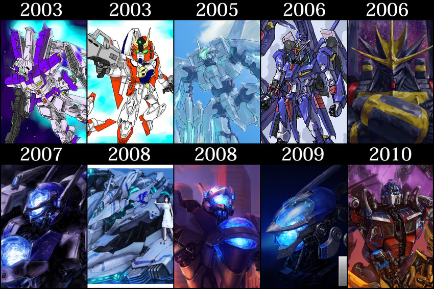 after_war_gundam_x artist_progress bumblebee char's_counterattack chart comparison dress glowing glowing_eyes gunbuster gundam gundam_airmaster hi-nu_gundam mecha mecha_request optimus_prime original space top_wo_nerae! transformers yutori_(clockwork_chicken) z_ii_gundam