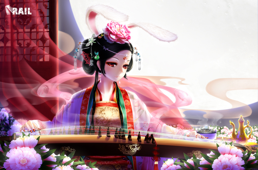 animal_ears black_hair bunny_ears chinese_clothes commentary_request diadem flower full_moon guzheng hair_flower hair_ornament hair_up hanfu incense instrument jewelry kettle moon music nail_polish original peony_(flower) playing_instrument rail_(silverbow) red_eyes solo tea