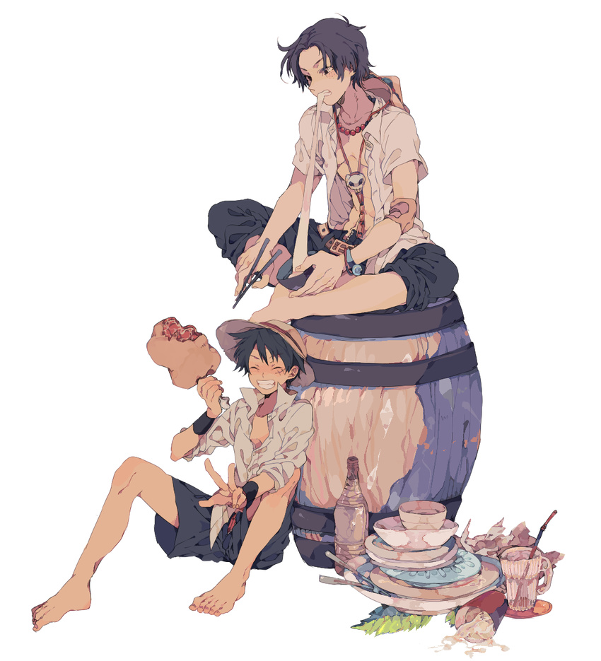 bad_id bad_pixiv_id barefoot barrel black_hair bowl chopsticks closed_eyes eating feet food freckles grin hands hat highres male_focus meat monkey_d_luffy multiple_boys one_piece plate portgas_d_ace ren_(zero_second) scar shorts smile straw_hat transparent_background