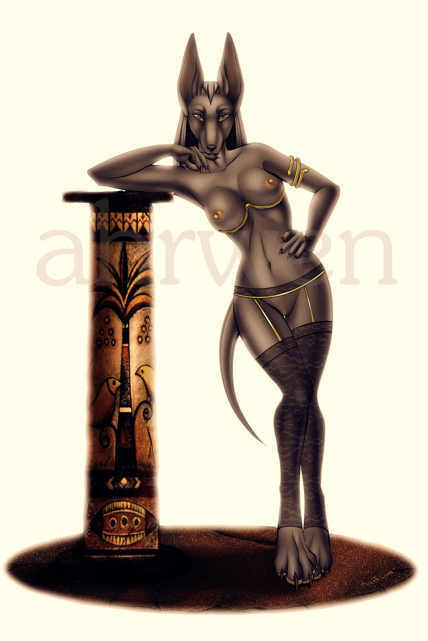 ahrwen anubian_jackal armlet black breasts brown_eyes canine claws comission egyptian female grey grey_body hi_res jackal jewelry looking_at_viewer mammal navel nipples nude pillar pussy rafflone solo standing tail watermark