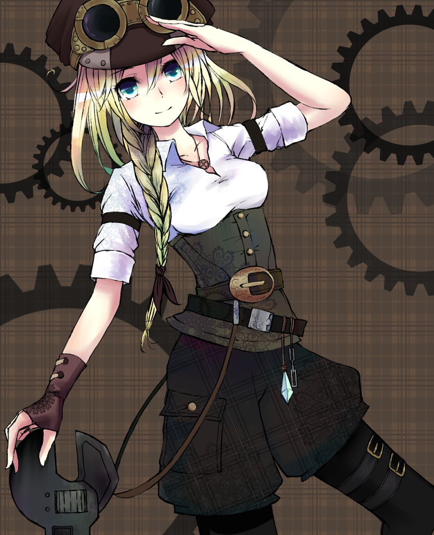 aqua_eyes belt blonde_hair blue_eyes braid breasts corset cowboy_shot crystal fingerless_gloves gears gloves goggles hanamuke hat highres jewelry large_breasts light_smile long_hair necklace original salute solo steampunk wrench