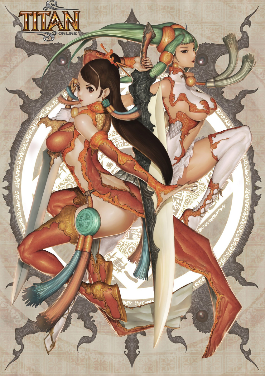 alien1452 boots breasts brown_eyes brown_hair china_dress chinese_clothes dress earrings elbow_gloves gloves green_hair highres jewelry large_breasts lips long_hair multiple_girls sword thigh_boots thighhighs titan_online underboob weapon