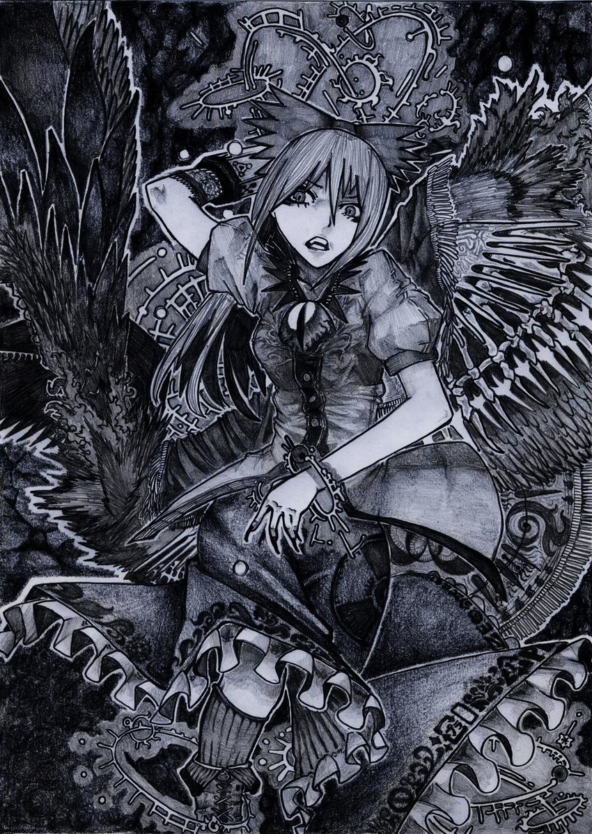 arm_cannon bow cape chotto greyscale hair_bow highres long_hair monochrome reiuji_utsuho solo touhou weapon wings