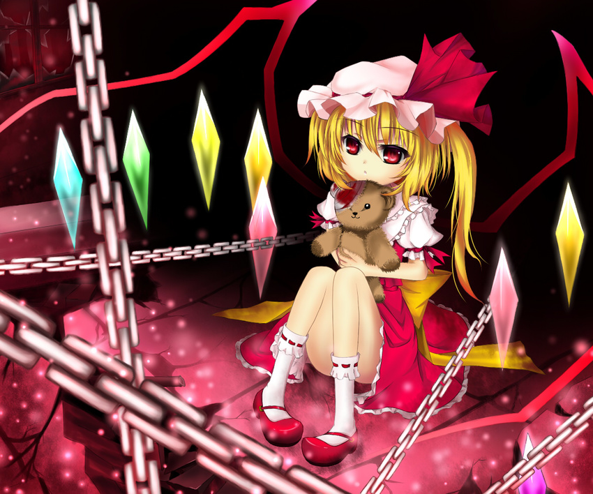 bandages blonde_hair blood chain cloudy.r convenient_leg flandre_scarlet hat mary_janes red_eyes shoes side_ponytail sitting solo stuffed_animal stuffed_toy teddy_bear touhou wings