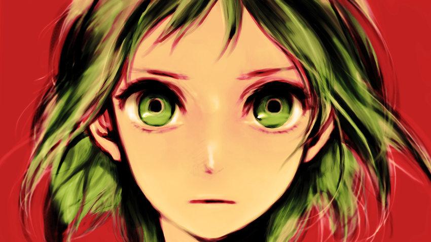 close-up face green_eyes green_hair gumi nishi_e_yuku_(vocaloid) short_hair solo vocaloid yokoyari_mengo