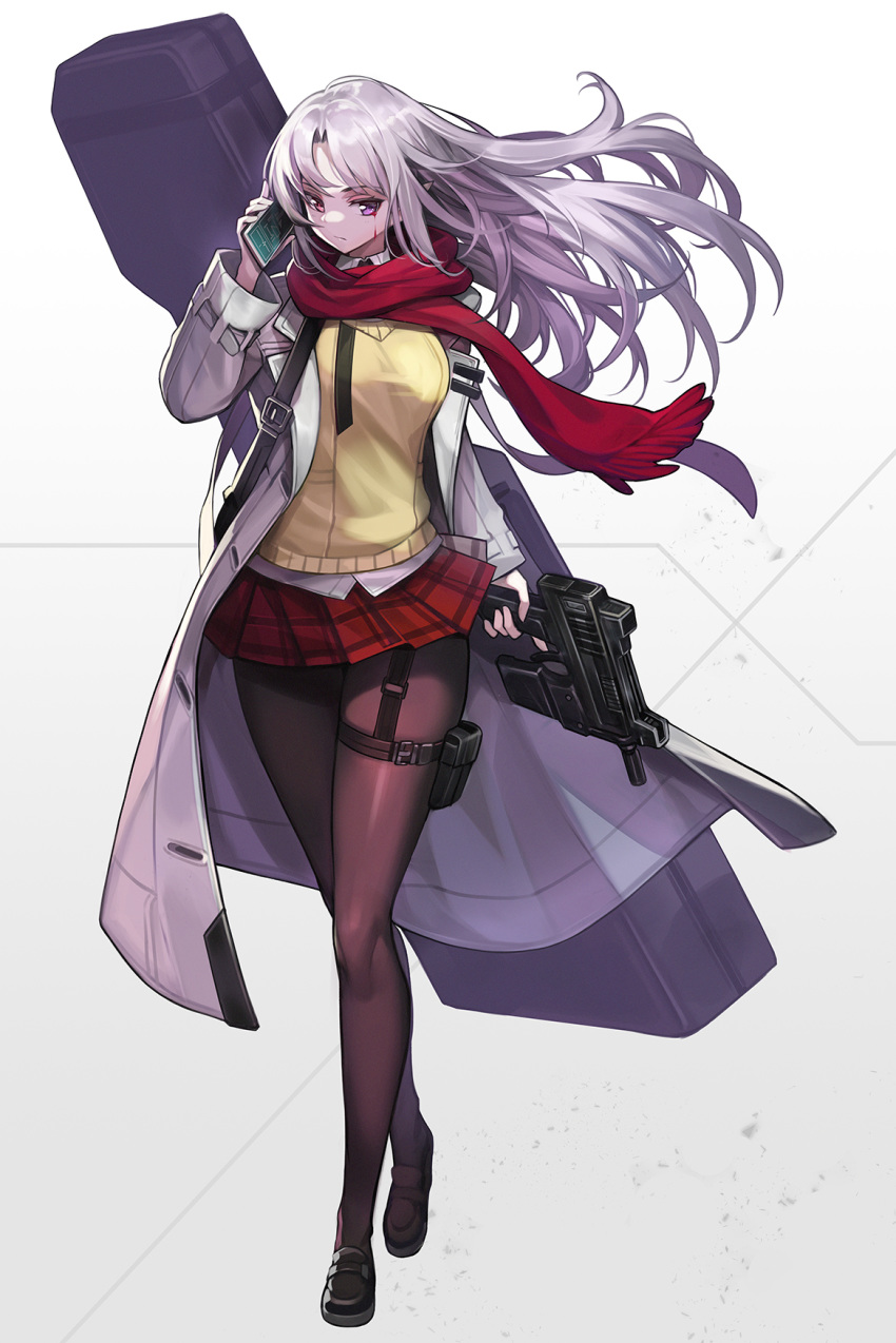 coat commentary_request full_body goomrrat gun highres holster long_hair miniskirt original pantyhose phone purple_eyes scarf silver_hair skirt solo thigh_holster walking wavy_hair weapon white_background