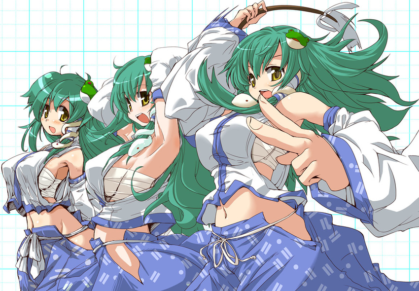 adapted_costume breasts green_hair hirowa_nagi kochiya_sanae large_breasts long_hair multiple_views no_panties sarashi touhou yellow_eyes