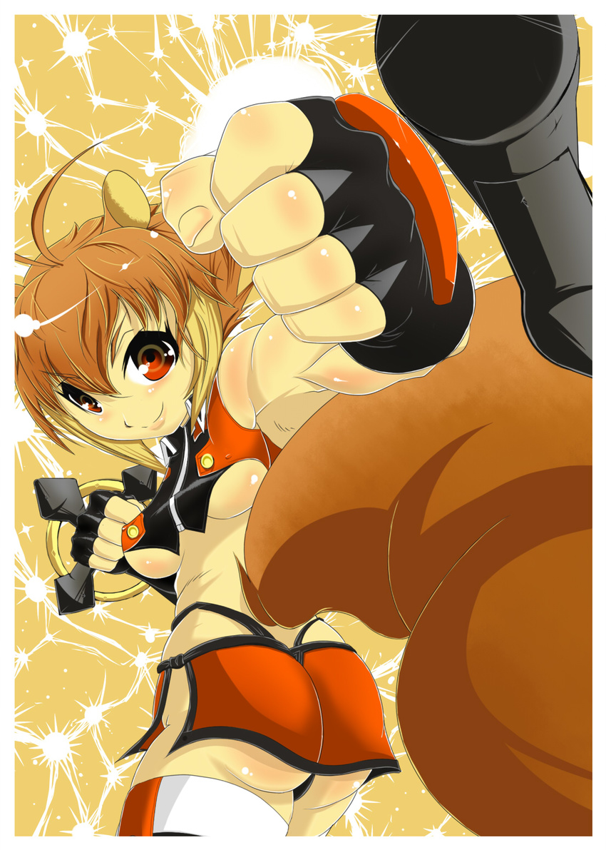 animal_ears antenna_hair arc_system_works bare_shoulders blazblue blazblue:_continuum_shift blush breasts brown_hair fingerless_gloves gloves highres makoto_nanaya midriff miniskirt multicolored_hair orange_eyes punch punching short_hair skirt smile squirrel_ears squirrel_tail tail thighhighs thighs thong two-tone_hair underboob