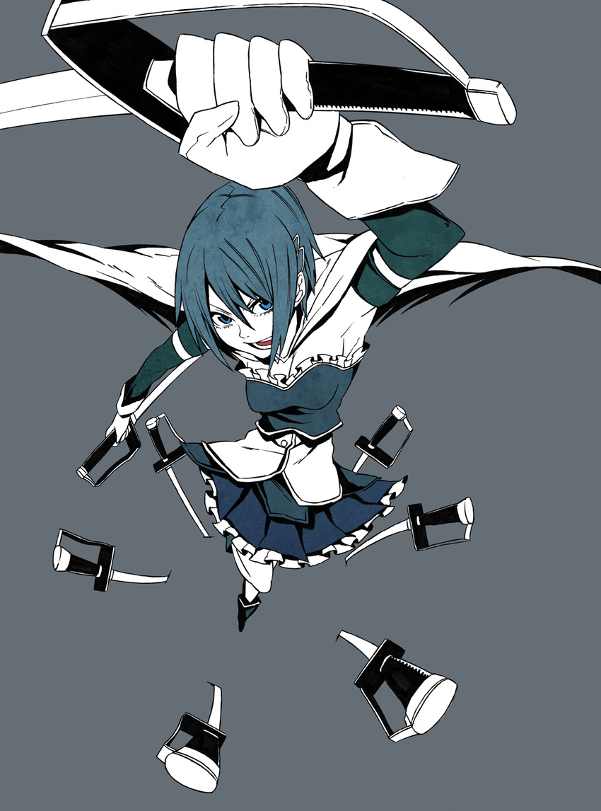 armpits bad_id bad_pixiv_id blue_eyes blue_hair boots cape dual_wielding foreshortening full_body gloves hair_ornament hairclip highres holding iro_marimo mahou_shoujo_madoka_magica miki_sayaka open_mouth short_hair simple_background solo
