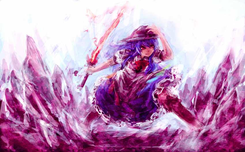 bad_id bad_pixiv_id blue_hair hand_on_headwear hat hima_(mizu_ni_tsuyoi) hinanawi_tenshi long_hair red_eyes solo sword touhou weapon