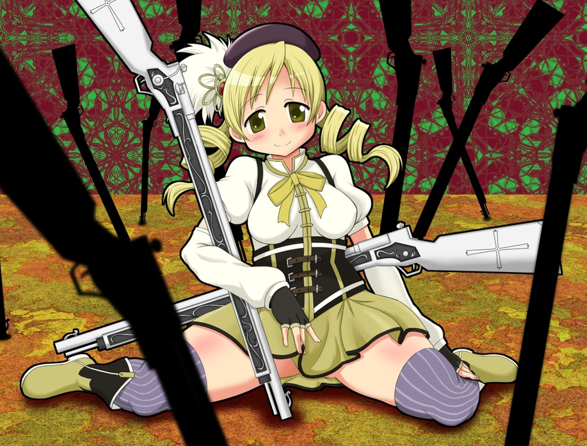 anison beret blonde_hair boots breasts detached_sleeves drill_hair fingerless_gloves gloves gun hair_ornament hat kneeling magical_girl magical_musket mahou_shoujo_madoka_magica medium_breasts pleated_skirt puffy_sleeves rifle skindentation skirt smile solo thighhighs tomoe_mami weapon yellow_eyes zettai_ryouiki