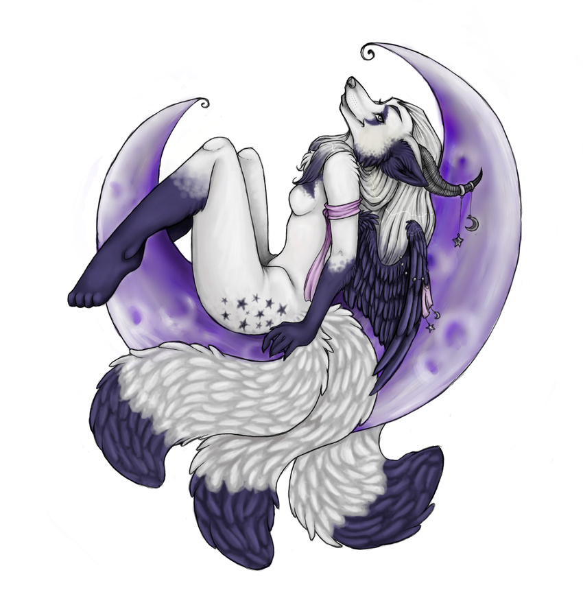 canine female fox horn_ornaments horns krr moon multiple_tails nude pinup pose solo tail tame wings
