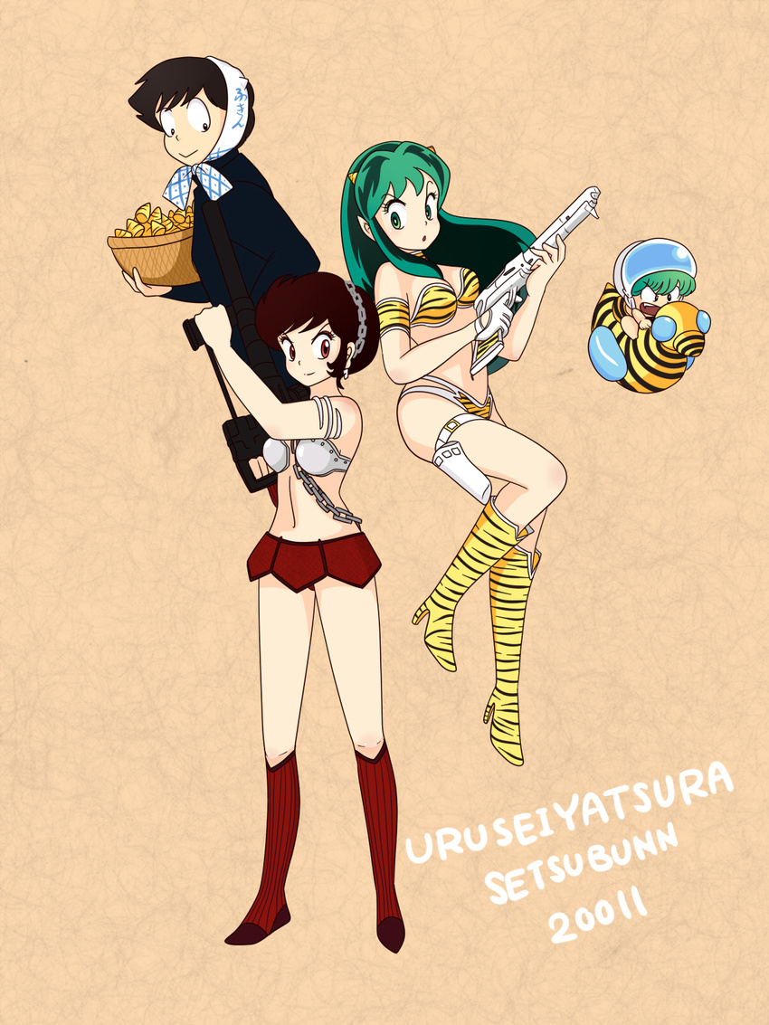 2girls bikini green_hair highres horns legs long_hair lum moroboshi_ataru multiple_girls oni short_hair smile swimsuit thighs urusei_yatsura