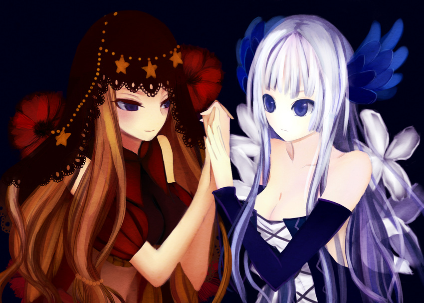 bad_id bad_pixiv_id blonde_hair blue_eyes dress feathers gwendolyn holding_hands jiongjun multiple_girls odin_sphere silver_hair strapless strapless_dress velvet_(odin_sphere)