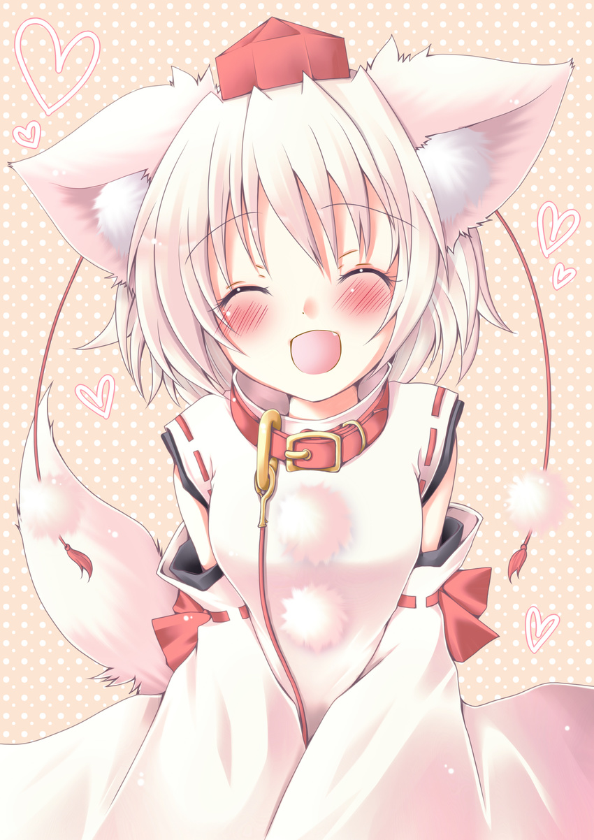 absurdres animal_ears blush closed_eyes collar detached_sleeves hat heart highres inubashiri_momiji leash meiya_neon open_mouth short_hair smile solo tail tokin_hat touhou white_hair wolf_ears wolf_tail
