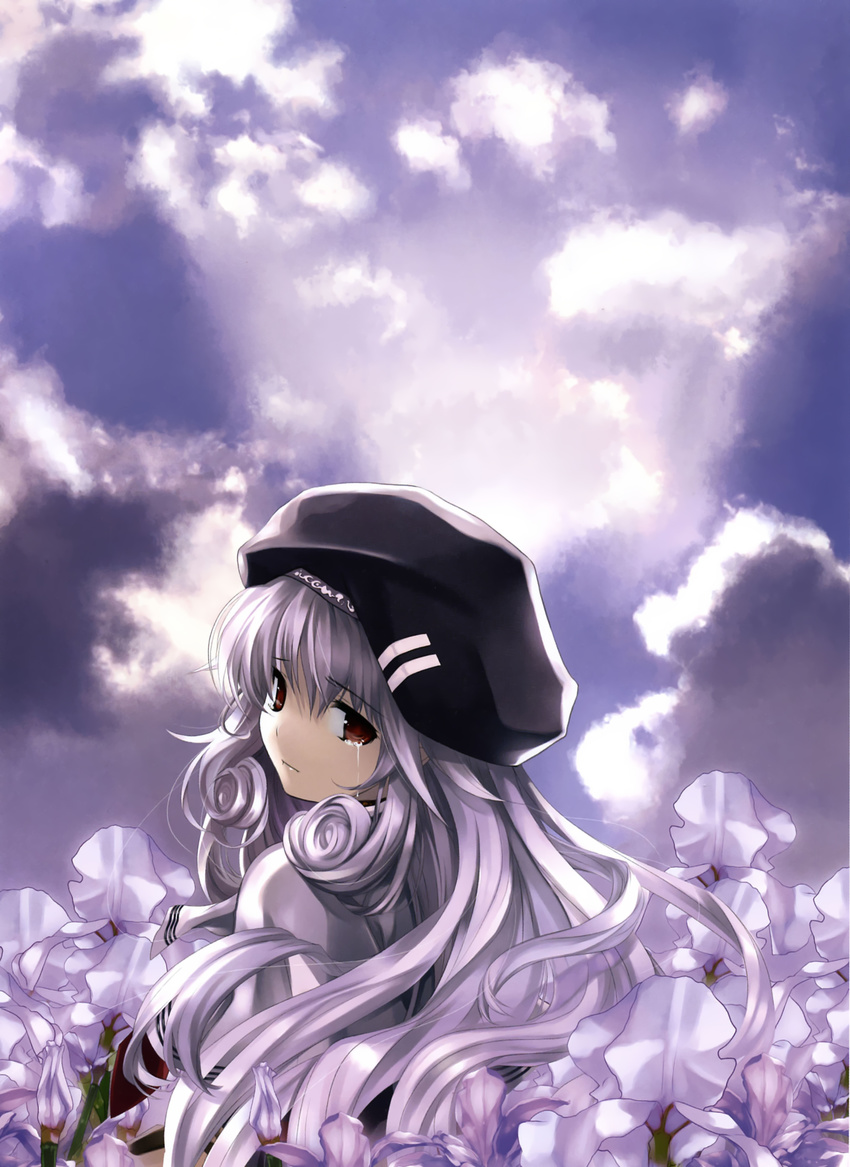 absurdres boku_to_kanojo_ni_furu_yoru cloud flower hat highres iris_maria_herbust long_hair looking_back misaki_kurehito silver_hair sky solo tears