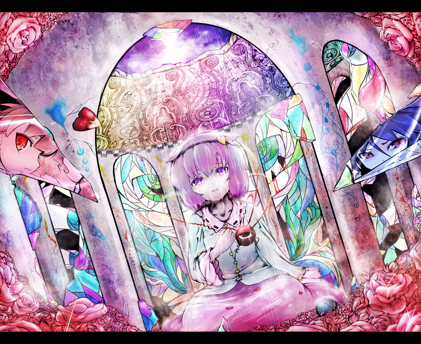 bad_id bad_pixiv_id flower glass heart kaenbyou_rin komeiji_koishi komeiji_satori koohee multiple_girls pillar rain reiuji_utsuho stained_glass third_eye touhou window