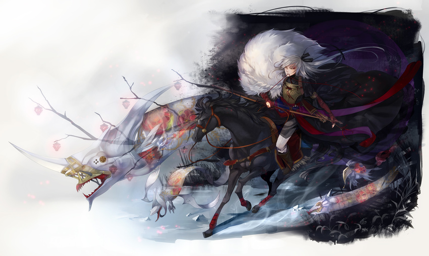 arrow bow_(weapon) fur ghost highres horse horseback_riding kyouka_hatori mouth_hold pixiv_fantasia pixiv_fantasia_5 quiver riding solo weapon white_hair
