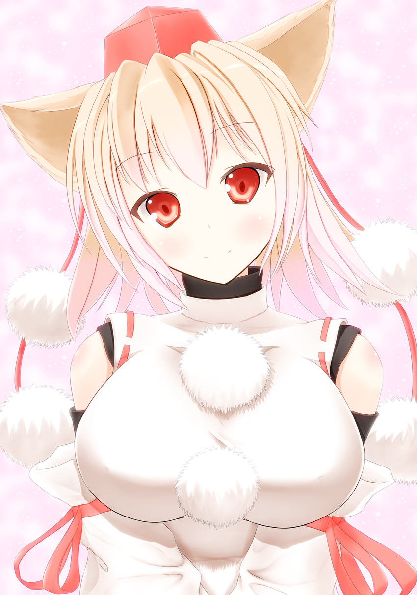 absurdres animal_ears bare_shoulders breasts detached_sleeves hat head_tilt highres inubashiri_momiji large_breasts red_eyes shinoshinosp short_hair silver_hair smile solo tokin_hat touhou upper_body white_hair wolf_ears