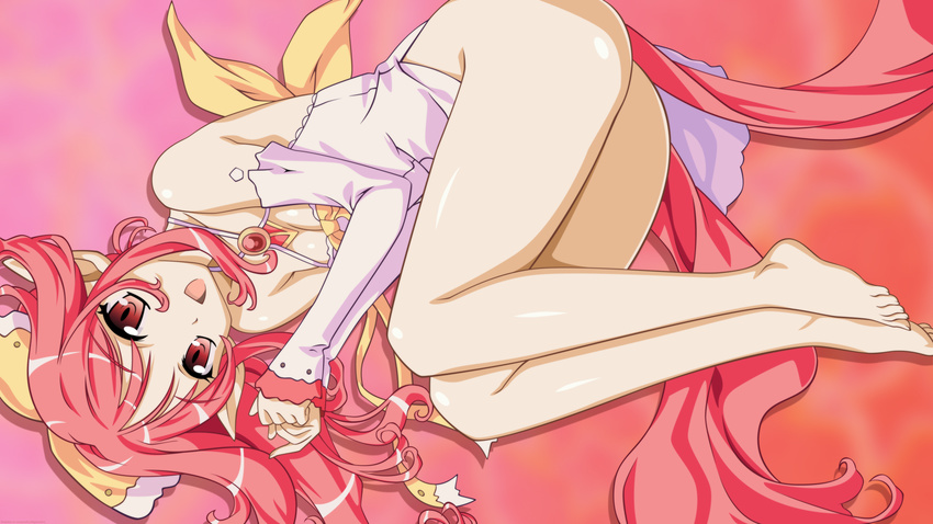 ass barefoot bottomless feet garnet_(shukufuku_no_campanella) highres long_hair multiple_tails negativezero no_panties open_mouth pink_hair pointy_ears ponytail red_eyes ribbon shukufuku_no_campanella slit_pupils solo tail vector_trace wallpaper