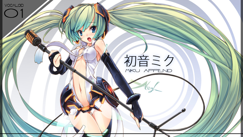 alternate_costume blue_eyes bridal_gauntlets center_opening elbow_gloves fingerless_gloves gloves green_hair hatsune_miku hatsune_miku_(append) highres long_hair microphone microphone_stand midriff navel necktie open_mouth revision solo torisan twintails very_long_hair vocaloid vocaloid_append