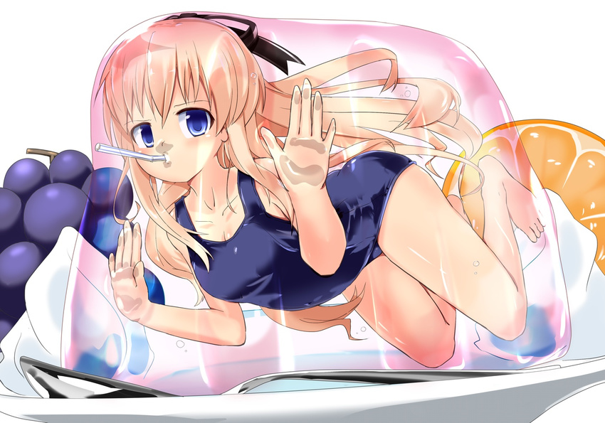 bangs barefoot blonde_hair blue_eyes drinking_straw encasement floating_hair food fruit full_body gelatin grapes hair_ribbon in_food long_hair looking_at_viewer lying mayoi_neko_overrun! minigirl naka on_stomach one-piece_swimsuit orange orange_hair orange_slice ribbon school_swimsuit solo spoon swimsuit umenomori_chise