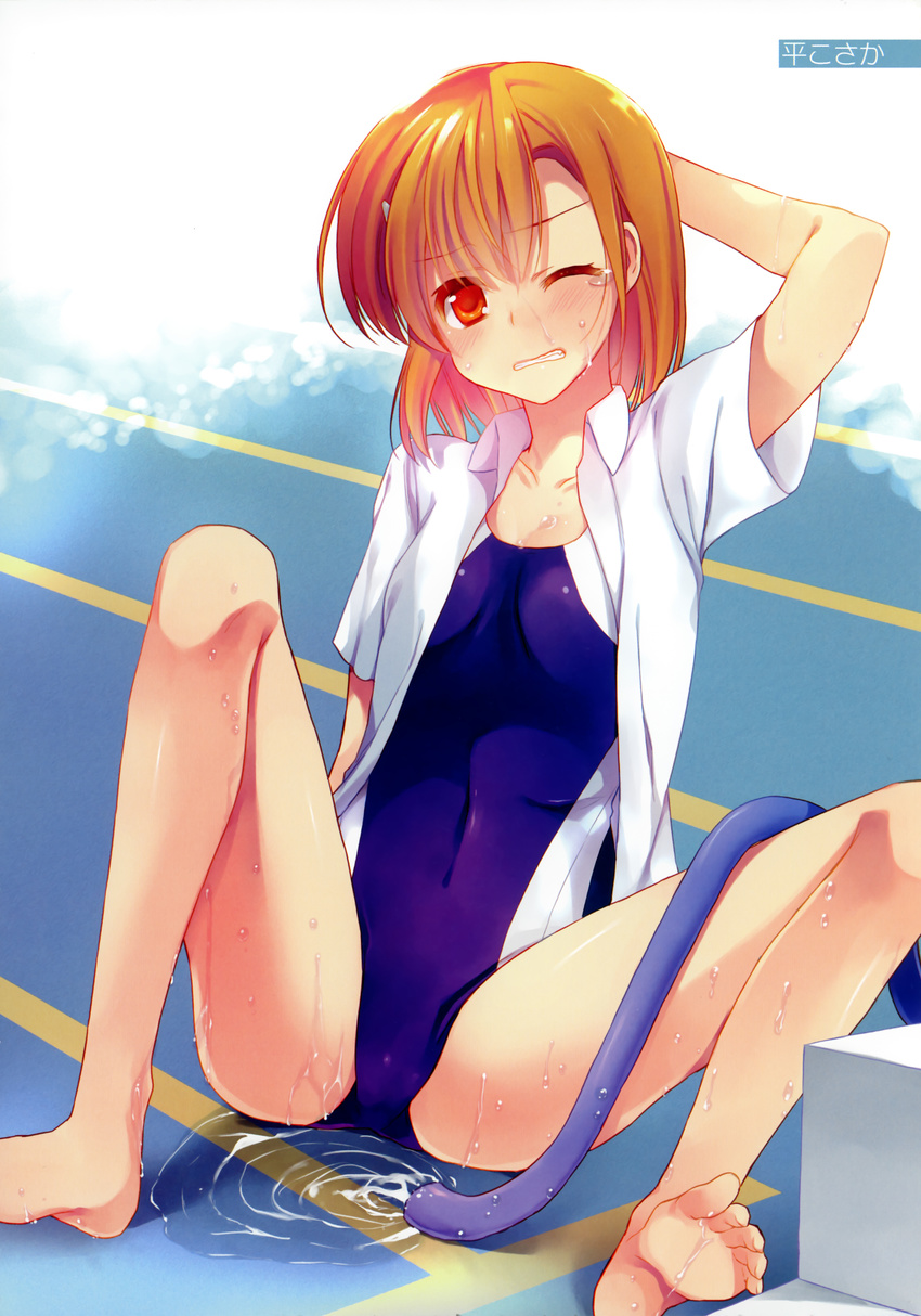 absurdres barefoot brown_hair competition_swimsuit dress_shirt feet highres hose long_legs misaka_mikoto one-piece_swimsuit one_eye_closed red_eyes shirt short_hair small_breasts solo swimsuit swimsuit_under_clothes taira_kosaka tears to_aru_kagaku_no_railgun to_aru_majutsu_no_index toes water wink