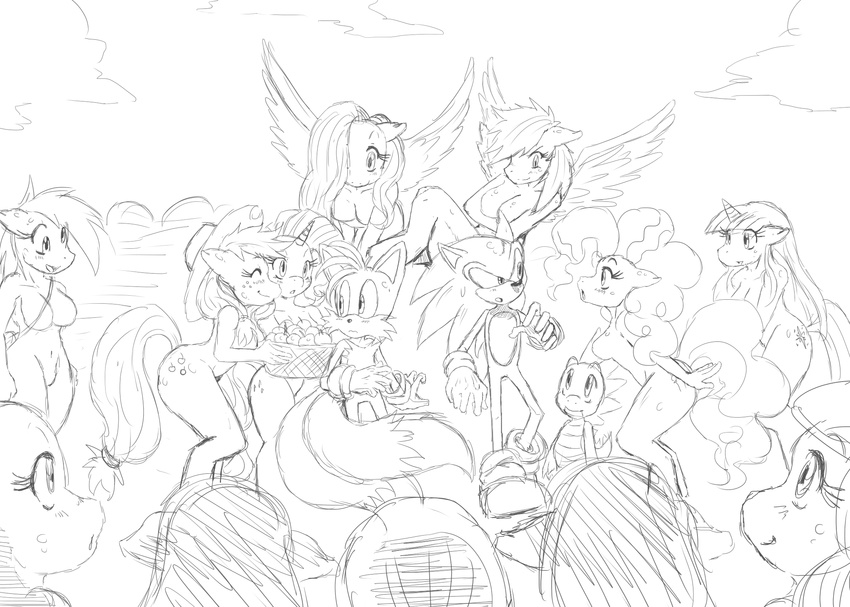 anthrofied applejack_(mlp) black_and_white breasts canine crossover derpy_hooves_(mlp) dragon equine female feral fluttershy_(mlp) fox friendship_is_magic group hedgehog hi_res horn horse male mammal miles_prower monochrome my_little_pony pegasus pinkie_pie_(mlp) plain_background pony rainbow_dash_(mlp) rarity_(mlp) scalie sega smile sonic_(series) sonic_the_hedgehog spike_(mlp) sssonic2 tails twilight_sparkle_(mlp) unicorn white_background wings