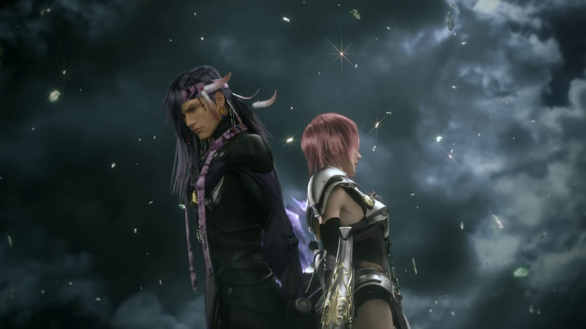 1boy 1girl 3d armor back-to-back character_request cloud clouds final_fantasy final_fantasy_xiii final_fantasy_xiii-2 lightning lightning_farron long_hair pink_hair pteruges purple_hair screencap