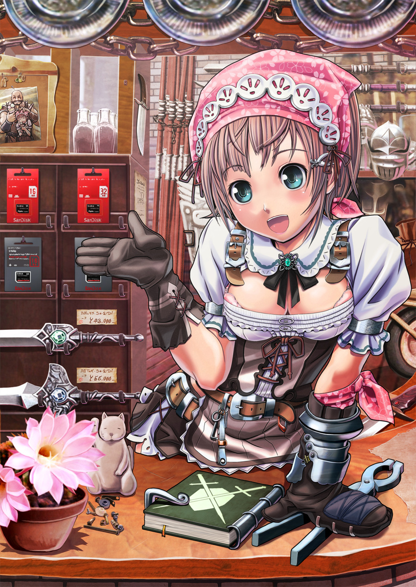 :d arm_support armor bandana blue_eyes blush book bottle bra breasts brown_hair cat chain cleavage cleavage_cutout crepe flower food gloves hair_ornament head_scarf helmet highres knife lingerie maneki-neko medium_breasts memory_card open_mouth original photo_(object) pink_bra polearm sandisk shop short_hair smile solo spear sword tongs underwear v-mag weapon weapon_shop