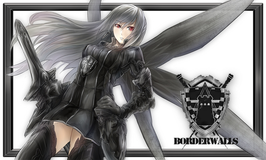 akaitera armor bad_id bad_pixiv_id banned_artist grey_hair hand_on_hip long_hair pixiv_fantasia pixiv_fantasia_5 red_eyes solo weapon wings