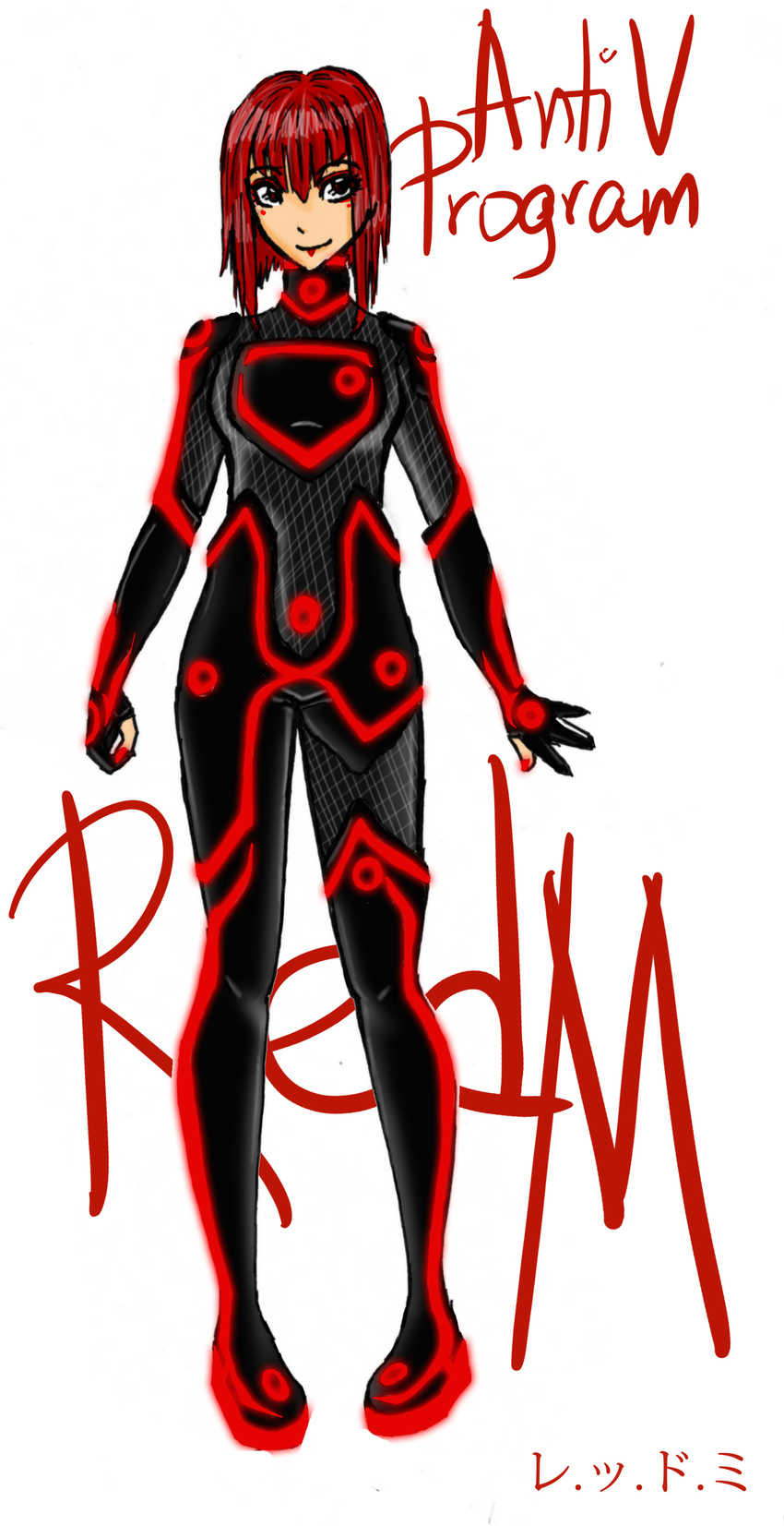 female glowing original red_eyes red_hair short_hair smile solo tech tron tron_legacy