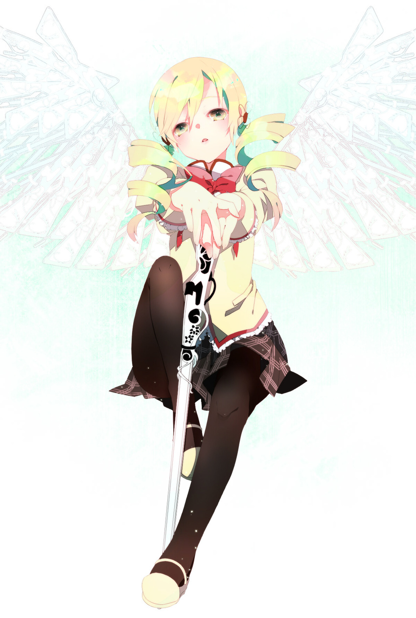 bad_id bad_pixiv_id black_legwear blonde_hair bow drill_hair gun highres magical_musket mahou_shoujo_madoka_magica mitakihara_school_uniform pantyhose petitbisou rifle school_uniform sitting solo tomoe_mami weapon wings yellow_eyes