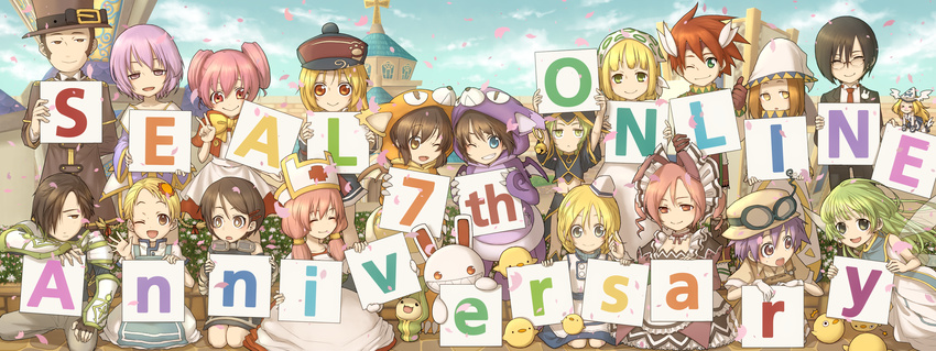 6+girls :&gt; absurdres animal_costume english everyone grin group_picture highres koyuki.a letter multiple_boys multiple_girls one_eye_closed petals seal_online sky smile v