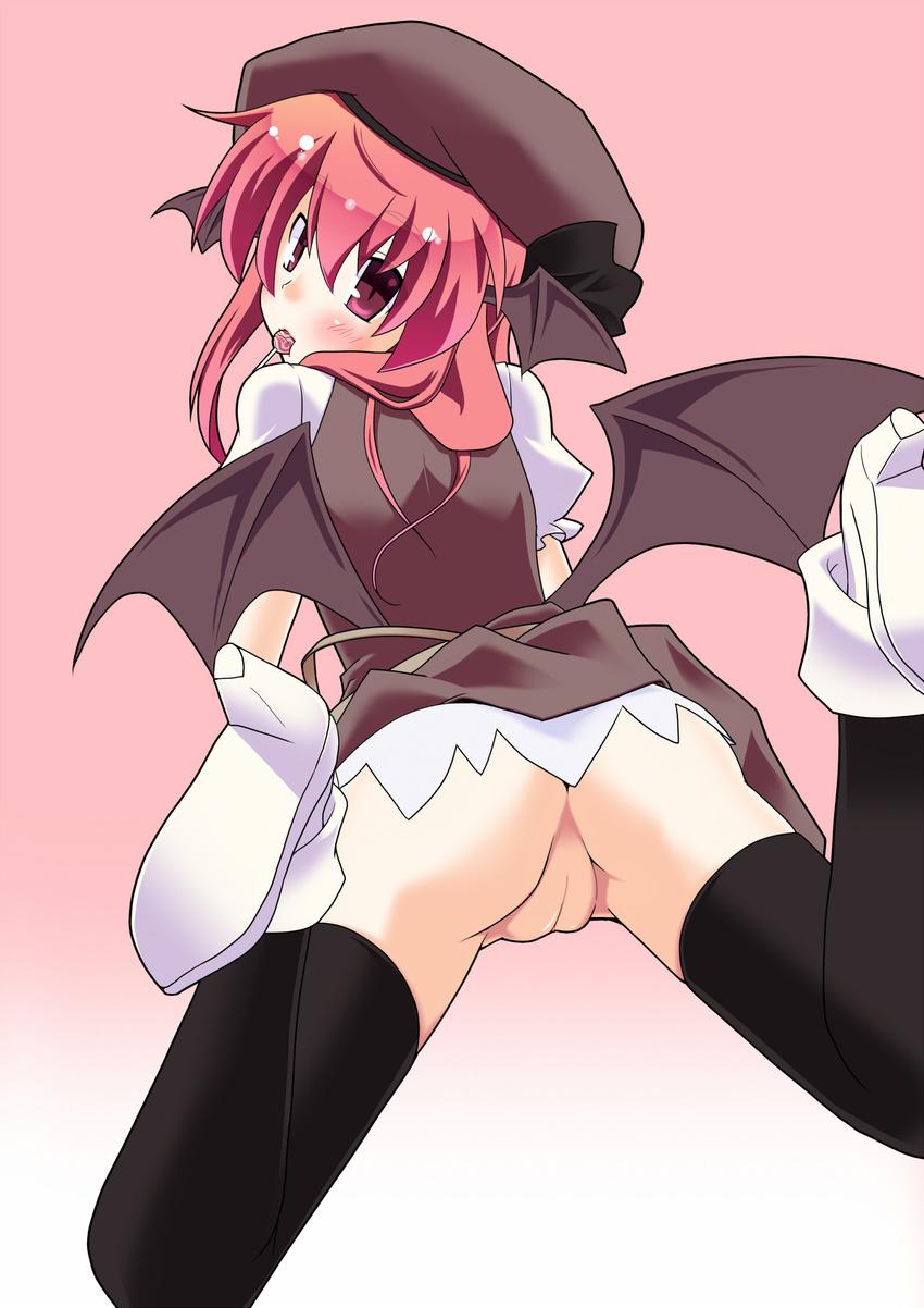 animal_ears bad_id bad_pixiv_id bat_wings black_legwear blush brown_dress candy dress food from_behind hat highres hujikok koakuma lollipop looking_back no_panties pussy red_eyes red_hair solo spread_legs thighhighs touhou uncensored upskirt wings