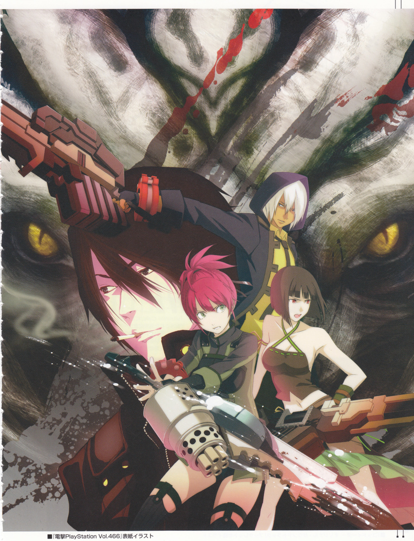 2girls absurdres amemiya_rindou aragami artist_request black_hair breasts cigarette dark_skin god_eater god_eater_burst highres hood medium_breasts multiple_boys multiple_girls necktie official_art player_(god_eater_burst) red_eyes red_hair short_hair sideboob smoking soma_schicksal sword tachibana_sakuya_(god_eater) vajra_(god_eater) weapon white_hair yellow_eyes