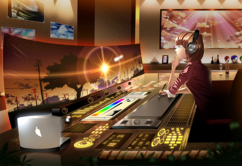 bottle brown_hair computer drawing glass headphones highres laptop lens_flare oekaki_musume original skyt2 solo stylus sunset tablet tree visor