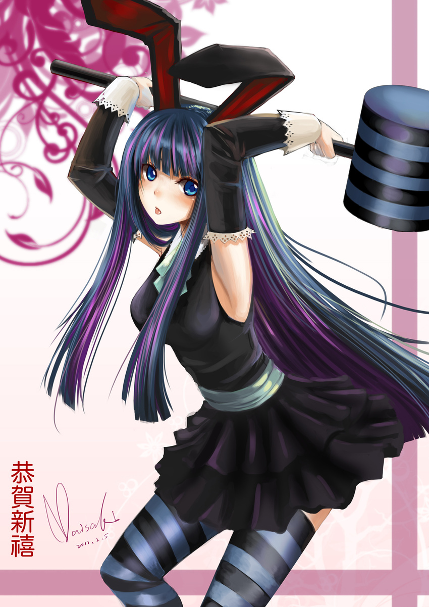 animal_ears arms_up blue_eyes blush bunny_ears detached_sleeves hammer highres long_hair maisaki mallet multicolored_hair panty_&amp;_stocking_with_garterbelt solo stocking_(psg) striped striped_legwear thighhighs two-tone_hair