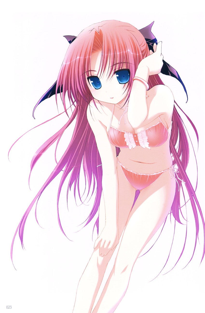 1girl absurdres akata_itsuki bikini blue_eyes bow bracelet breasts cleavage copyright_request gradient_hair hair_ribbon highres jewelry leaning_forward long_hair multicolored_hair orange_bikini pink_hair purple_hair ribbon side-tie_bikini simple_background smile solo swimsuit thigh_gap thighs very_long_hair white_background