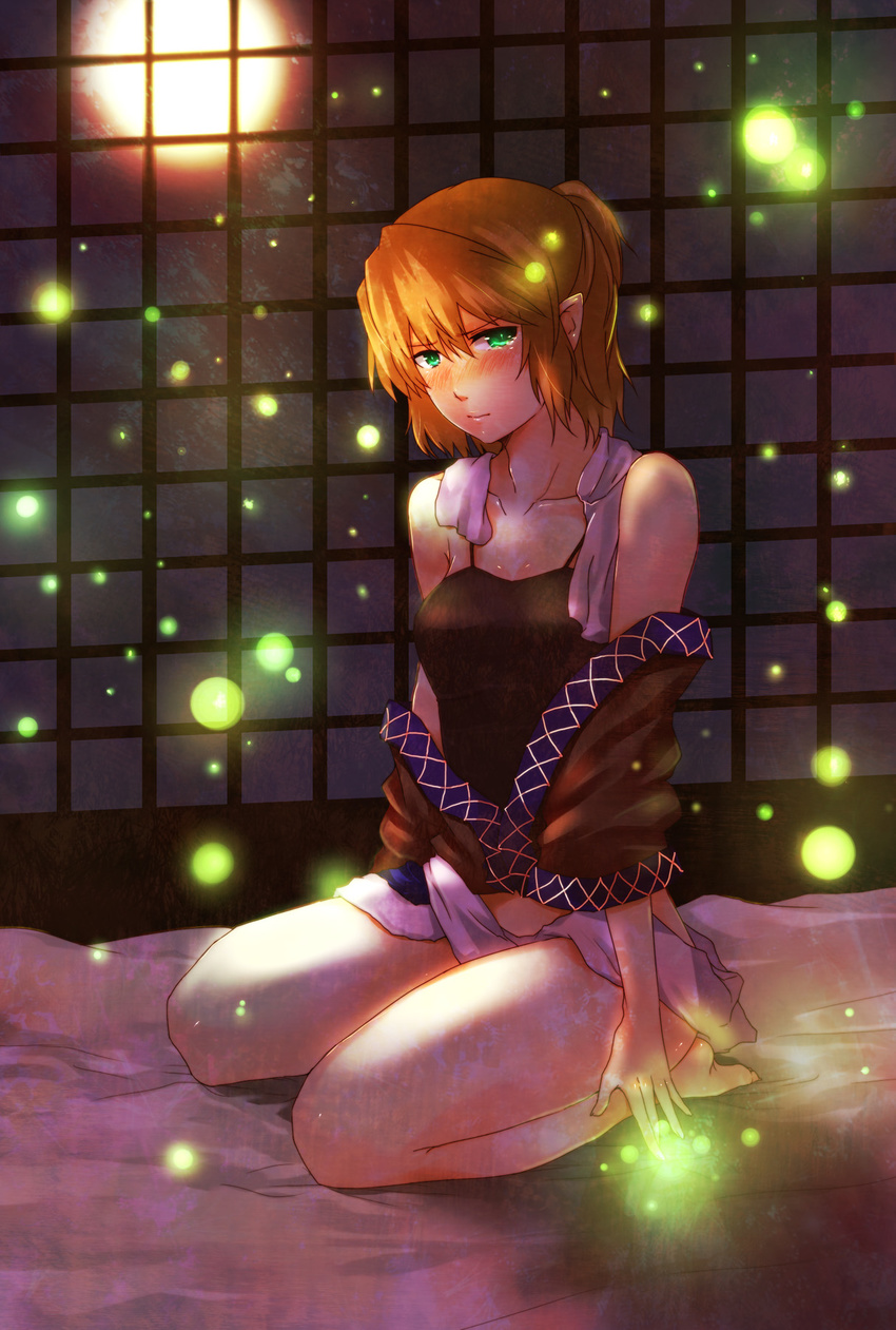 bare_legs bare_shoulders barefoot bed blonde_hair blush bug face firefly glowing glowing_eyes green_eyes hands highres insect light_particles lips mizuhashi_parsee no_pants off_shoulder pointy_ears pout short_hair solo tears touhou towel yosaku_(roach)