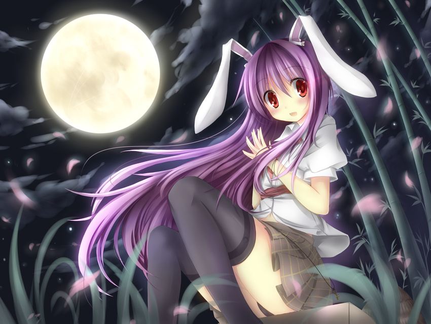 absurdres animal_ears bad_id bad_pixiv_id bamboo bamboo_forest black_legwear black_panties bunny_ears forest full_moon highres kaguyuu key moon nature night open_mouth panties pink_hair red_eyes reisen_udongein_inaba school_uniform sitting solo thighhighs touhou underwear upskirt