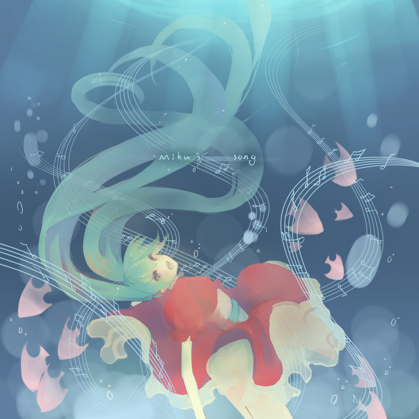 bad_id bad_pixiv_id dress fish hatsune_miku highres long_hair music musical_note nicohi no_nose red_dress singing solo twintails underwater vocaloid