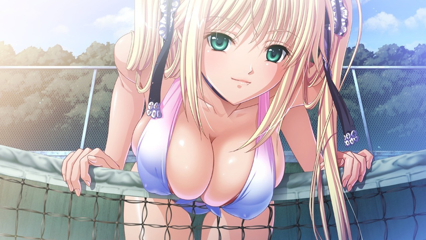 bent_over bikini blonde_hair breasts chain-link_fence choker cleavage cloud cloudy_sky covered_nipples day fence frills game_cg hair_ribbon kyonyuu_majo large_breasts looking_at_viewer net outdoors q-gaku ribbon sky smile solo swimsuit tenma_cecile tennis_net thigh_gap tree twintails
