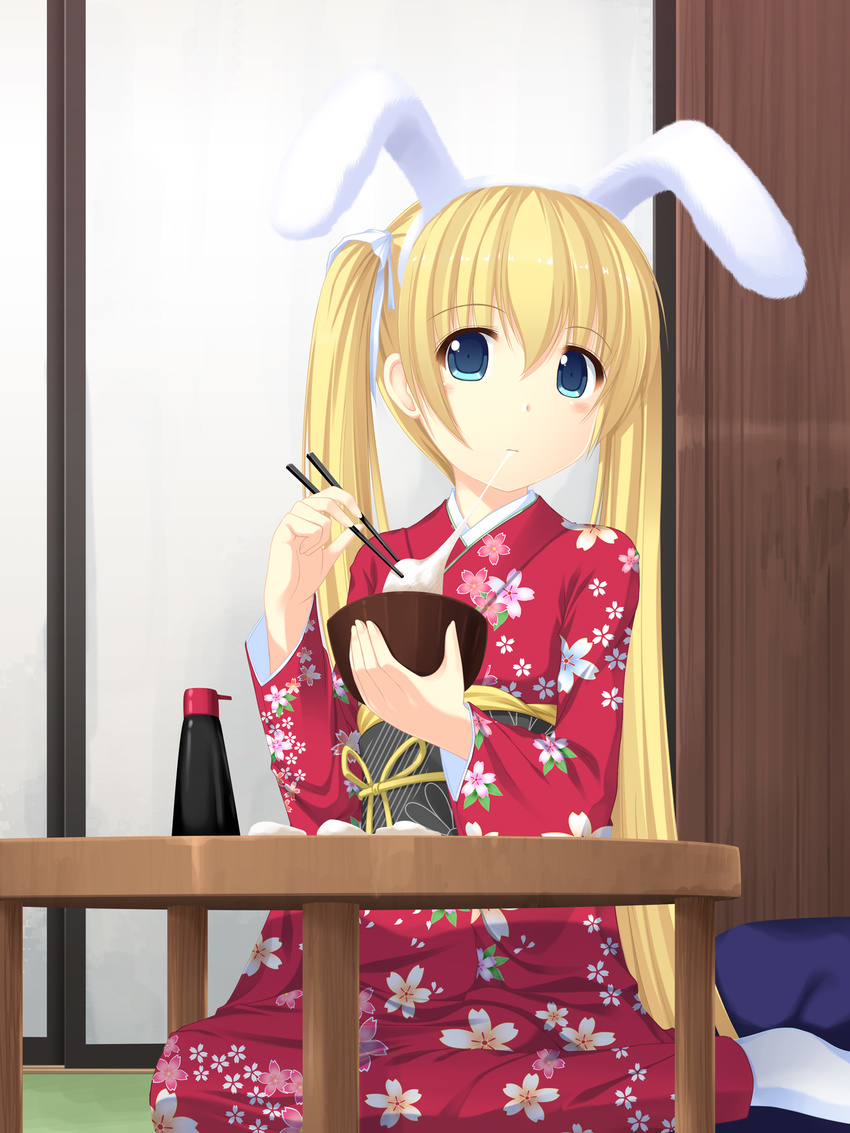 animal_ears blonde_hair blue_eyes blush bunny_ears chopsticks eating food highres japanese_clothes kageira kimono long_hair mochi original sitting solo twintails wagashi