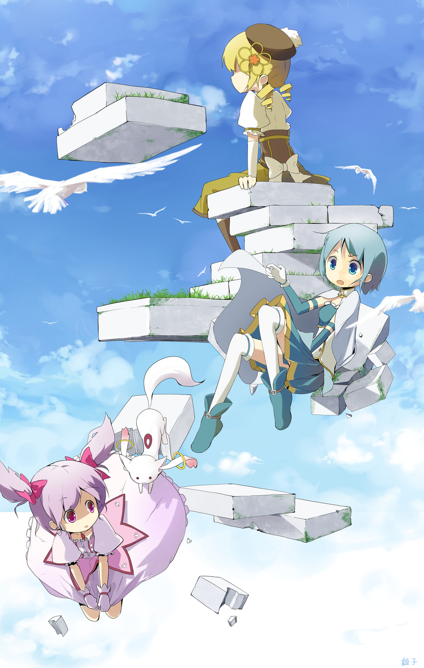 absurdres bad_id bad_pixiv_id bird blonde_hair blue_eyes blue_hair bow cape day dress drill_hair falling floating floating_object flying from_behind gloves grass hair_bow hat highres kaname_madoka kyubey magical_girl mahou_shoujo_madoka_magica miki_sayaka multiple_girls pink_eyes pink_hair short_hair short_twintails sitting sky sunyukun thighhighs tomoe_mami twintails