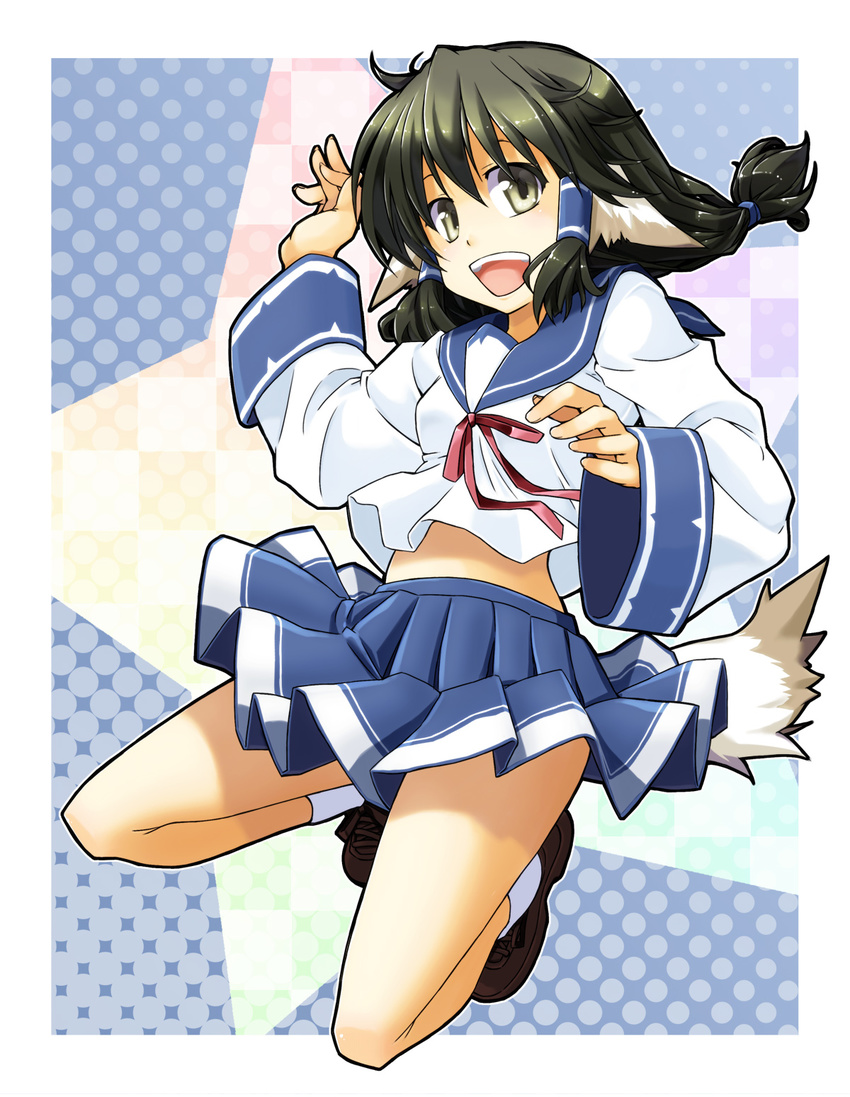 alto-00 animal_ears aruruw black_hair brown_eyes dog_ears highres long_hair school_uniform serafuku solo tail utawareru_mono