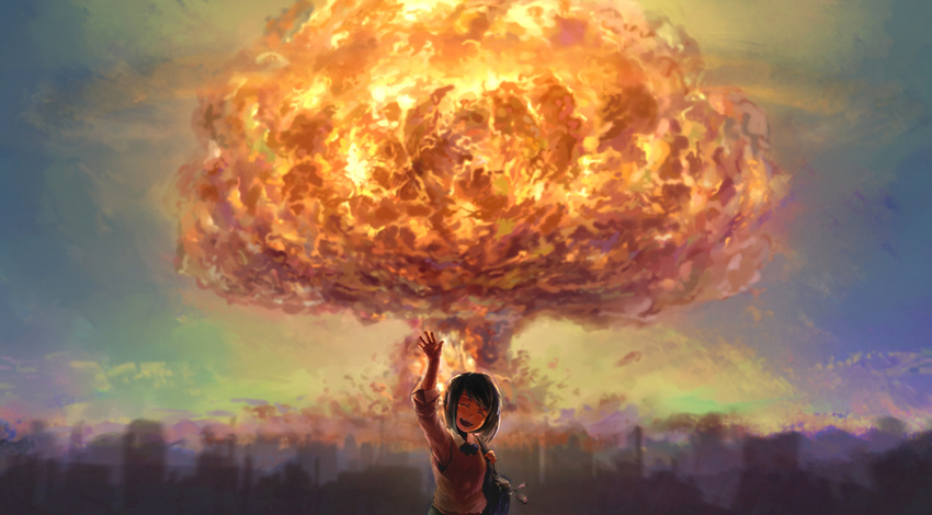 bag city closed_eyes commentary explosion heriki_(trkj) mushroom_cloud open_mouth original school_uniform short_hair solo waving