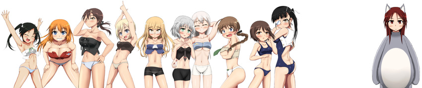 6+girls absurdres armpits arms_up bike_shorts black_hair blonde_hair blue_eyes blush breasts brown_hair bustier butt_crack charlotte_e_yeager cleavage closed_eyes covering covering_breasts eila_ilmatar_juutilainen erica_hartmann everyone eyepatch francesca_lucchini gertrud_barkhorn glasses green_eyes grin highres large_breasts lingerie long_hair long_image lynette_bishop midriff minna-dietlinde_wilcke miyafuji_yoshika monizumi_ishikawa multiple_girls navel open_mouth panties perrine_h_clostermann sakamoto_mio sanya_v_litvyak silver_hair smile strike_witches striped striped_panties twintails underboob underwear wide_image world_witches_series yellow_eyes